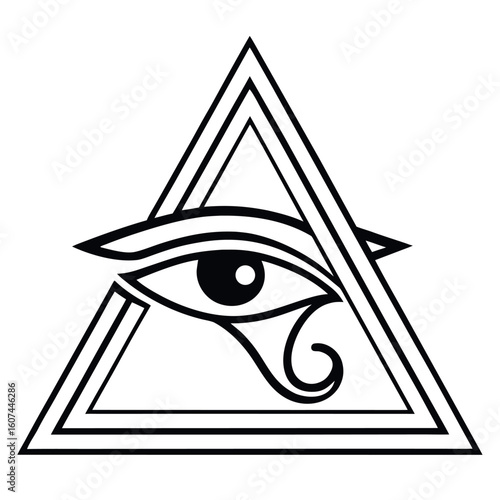 A stylized Eye of Horus sits inside outlined triangle on a white background