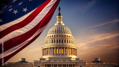 American pride shines with the Capitol and flag at sunset hour