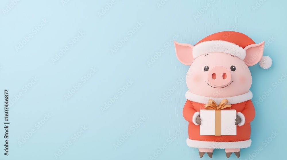Cute Pig in Santa Costume Holding Gift on Blue Background Cute Pig in Santa Costume Holding Gift on Blue Background