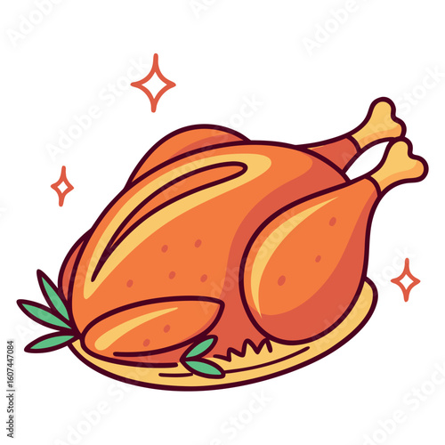 Cartoon roasted chicken on a platter appears festive against a white background