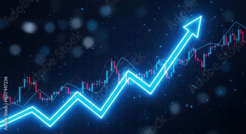 Sky blue sharp arrow moving up a financial graph, dark background, high detail,	