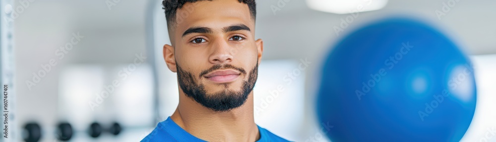 Obraz premium Confident Young Man in Gym Setting with Blue Exercise Ball