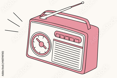  retro pink radio, vintage analog radio, minimalist radio design, simple radio with dial and antenna, classic portable radio, minimalist electronic device