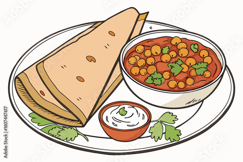 a delicious plate of Indian curry, consisting of a large, folded paratha or flatbread, a bowl of spicy chickpea and vegetable curry, and a bowl of creamy raita or yogurt sauce, garnished with fresh