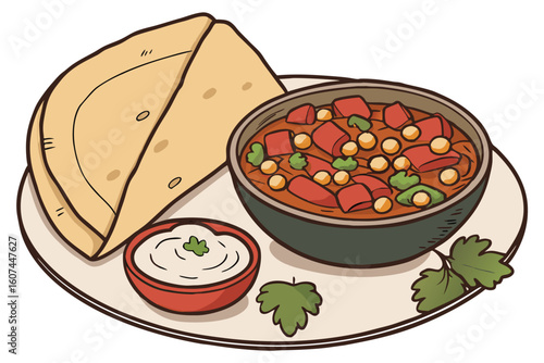  a delicious plate of Indian curry, consisting of a large, folded paratha or flatbread, a bowl of spicy chickpea and vegetable curry, and a bowl of creamy raita or yogurt sauce, garnished with fresh