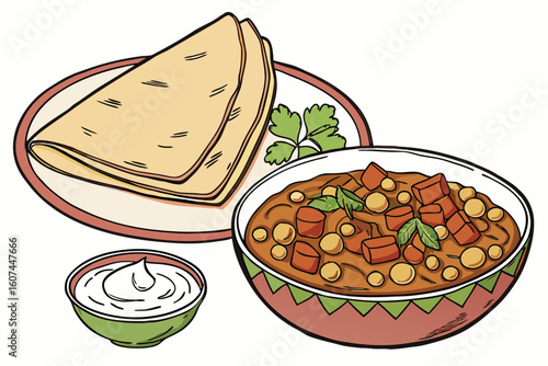  a delicious plate of Indian curry, consisting of a large, folded paratha or flatbread, a bowl of spicy chickpea and vegetable curry, and a bowl of creamy raita or yogurt sauce, garnished with fresh