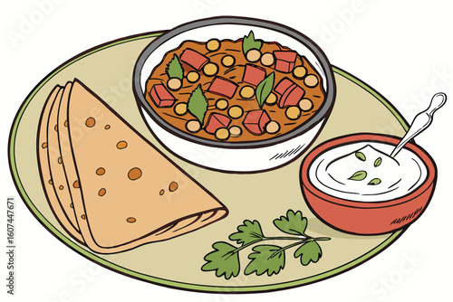  a delicious plate of Indian curry, consisting of a large, folded paratha or flatbread, a bowl of spicy chickpea and vegetable curry, and a bowl of creamy raita or yogurt sauce, garnished with fresh