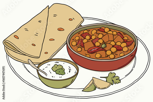  a delicious plate of Indian curry, consisting of a large, folded paratha or flatbread, a bowl of spicy chickpea and vegetable curry, and a bowl of creamy raita or yogurt sauce, garnished with fresh