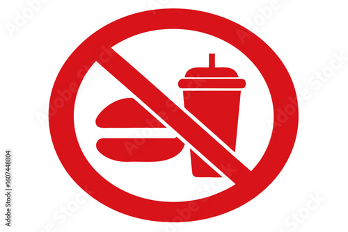 A red circle prohibition sign with no smoking, no food, and no alcohol symbols indicates forbidden activities