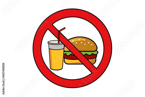 This vector icon set illustrates a meal with a no fast food, burger, drink, or alcohol sign