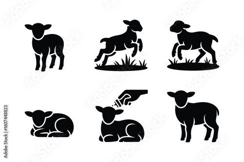 Black lamb silhouettes in various poses and actions sheep animal