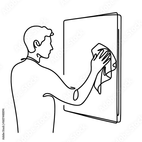 Person cleaning a mirror against transparent background
