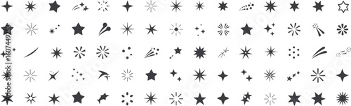 Black star icons collection, sparkle shapes, shining star symbols, twinkle graphic elements, vector clipart for decoration, design, illustration