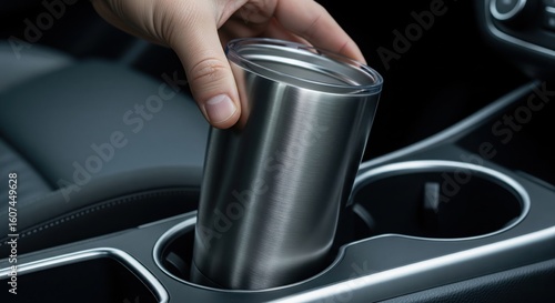 hand placing stainless steel tumbler into car cup holder close-up