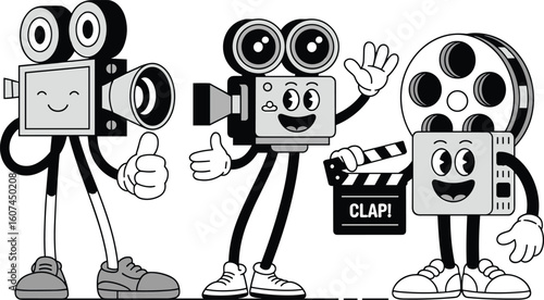 Cute vintage film camera characters, cartoon movie icons, retro cinema mascots, smiling faces, filmmaking concept, isolated on white background