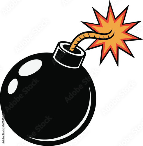 Classic black cartoon bomb with a lit fuse and explosion