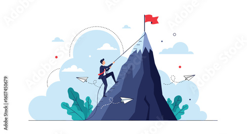 Man climbing mountain summit achieving success reaching top victory goal achievement journey motivation concept