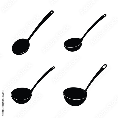 Kitchen Tools Silhouettes – Black Vector Icon Set of Ladles and Serving Spoons for Cooking, Serving, and Culinary Design