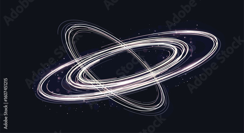 Abstract digital light trails creating intersecting orbital rings with glitchy effects against a dark background