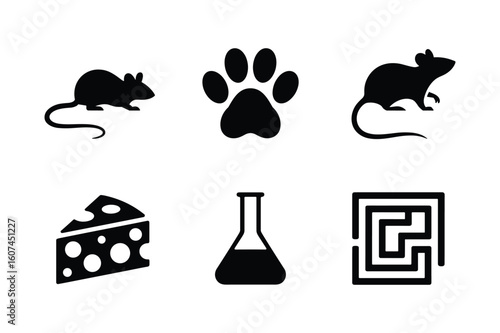 Black silhouettes of animals food science and maze mouse rodent
