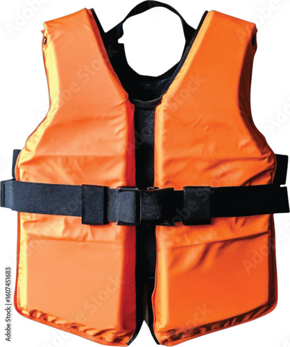 Orange life vest with black straps and buckle jacket safety