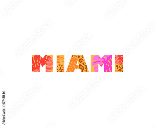Miami lettering with fashion print with monstera leaves and panther skin spot for t-shirt, bag design, poster isolated on white background