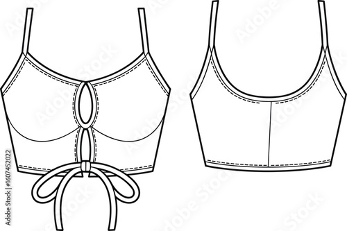 Trendy women’s crop top flat sketch, tie front bralette fashion design, strappy summer top illustration, stylish garment template drawing
