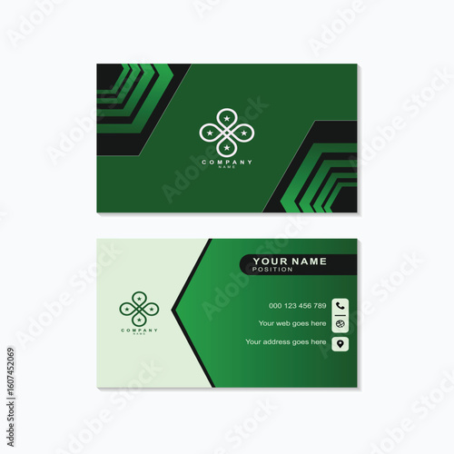 Modern green business card design template for professional networking and brand identity showcasing geometric patterns