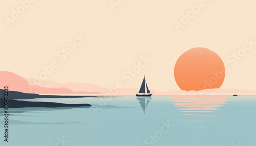 Minimalist Sailboat Sunset with Rolling Hills