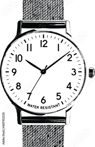 Minimalist Wristwatch Illustration with Mesh Strap, Water-Resistant Dial, and Classic Typeface