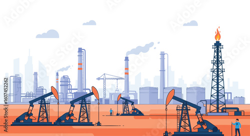 Modern industrial oil extraction landscape with pumping jacks and refinery structures under a cloudy sky