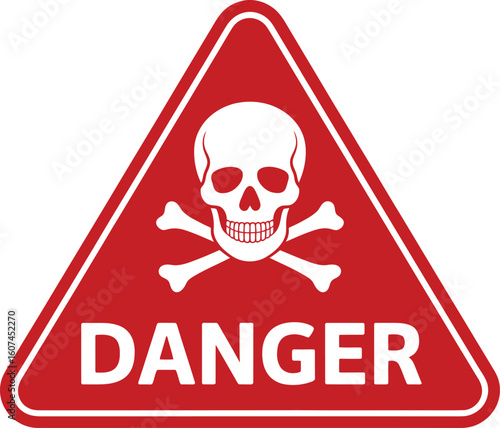 Red triangle danger sign with skull and crossbones and the word danger