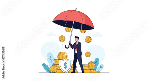 Protecting financial investments with an umbrella protecting against falling coins and a shield ensuring security and stability