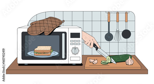 Preparing a quick meal in the kitchen by heating food in the microwave and chopping fresh vegetables for a healthy side dish