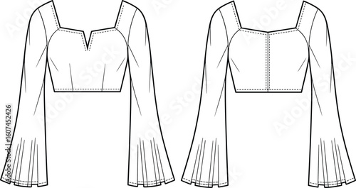 Trendy women's crop top design, square neckline blouse sketch, flared long sleeve fashion illustration, modern garment template, stylish topwear