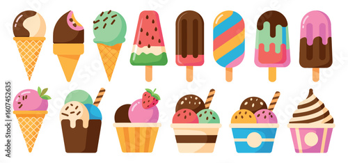 Assorted Ice Cream Collection Featuring Cones, Popsicles, and Cups with Various Flavors and Toppings on Transparent Backdrop