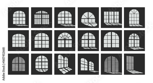 Collection of arched window designs with various grids and light effects illustrating architectural styles