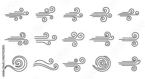Collection of decorative wind and air flow swirls and lines representing gentle breezes and gusts