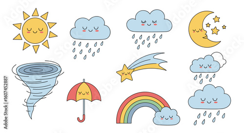 Adorable weather elements collection featuring sun clouds rain rainbow tornado moon and stars for childrens designs and educational materials