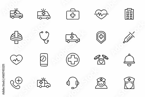 A bold and versatile collection of minimalist emergency line art icons tailored for public safety communications, healthcare materials, and emergency response platforms
