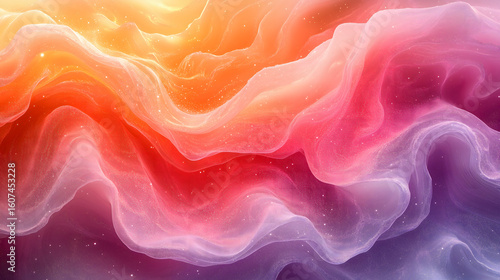A vibrant cosmic wave pattern showcases a blend of pink, purple, and orange hues.
