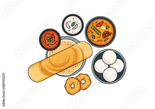 Handdrawn Colorful South Indian Thali Meal with Dosa and Idli Illustration