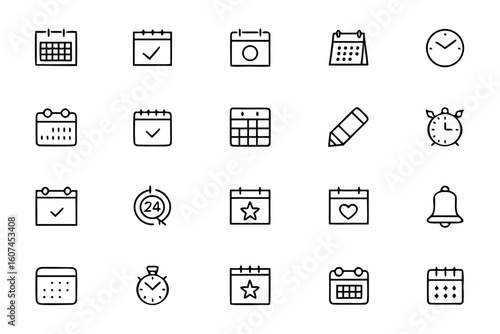A professional and clean collection of minimalist line art icons featuring traditional calendar and time planning elements. Ideal for business presentations, productivity apps, scheduling software, an