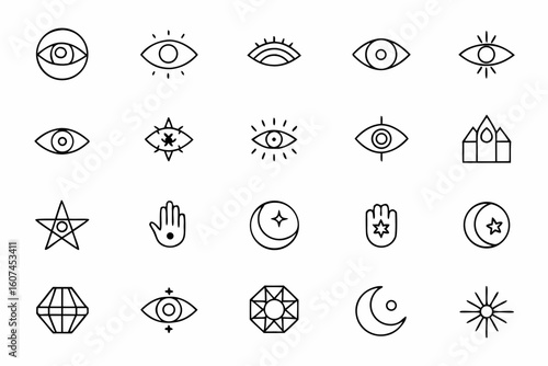 A refined collection of esoteric line art icons representing spiritual and symbolic interpretations of the eye. Ideal for metaphysical branding, astrology apps, tattoo designs, and mystical product li