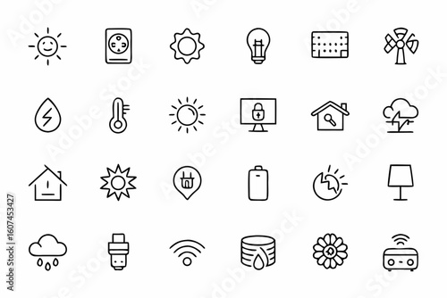 A refined bundle of line art icons highlighting smart home technologies for reducing energy use. Ideal for tech brands, real estate sustainability, home automation platforms, and clean energy blogs