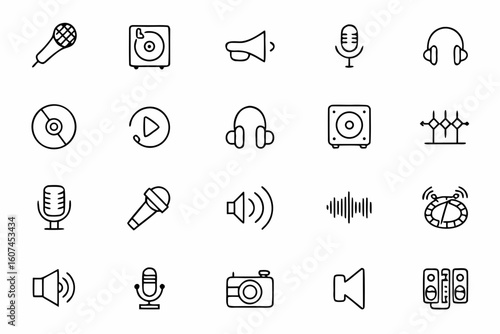 A refined set of minimalist line art icons featuring core podcasting tools and gear. Ideal for podcast cover design, audio apps, studio branding, and online content creators