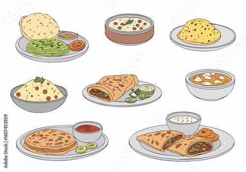 Hand Drawn Delicious and Tasty Indian Cuisine Traditional Dish Illustration
