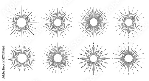 Collection of decorative sunburst starburst bursting radial circular ornaments retro vintage style elements for design projects and illustrations