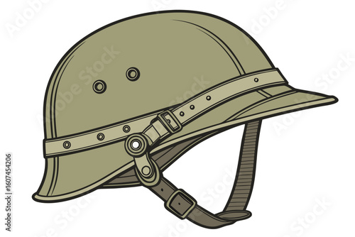  military helmet, military-style headgear, olive drab color, retro design, vintage style, protective gear, rugged and durable appearance, classic military aesthetic, sturdy construction, metallic ac