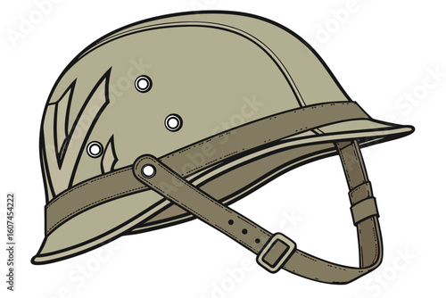  military helmet, military-style headgear, olive drab color, retro design, vintage style, protective gear, rugged and durable appearance, classic military aesthetic, sturdy construction, metallic ac